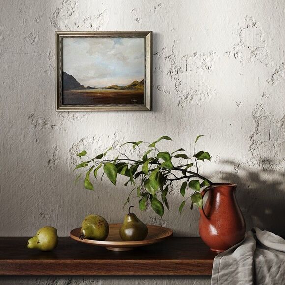 Framed Original Oil Landscape Painting Moody Mountain Lake Neutral Signed 9x11" - Picture 3 of 8